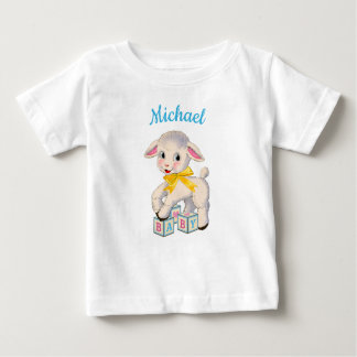 子羊の黄色いリボンパーソナライズされた名 ベビーTシャツ