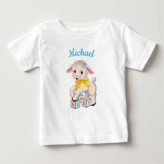 子羊の黄色いリボンパーソナライズされた名 ベビーTシャツ (正面)