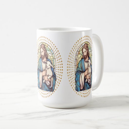 子羊を持つ神との宗教上のマグカップ コーヒーマグカップ (正面右)