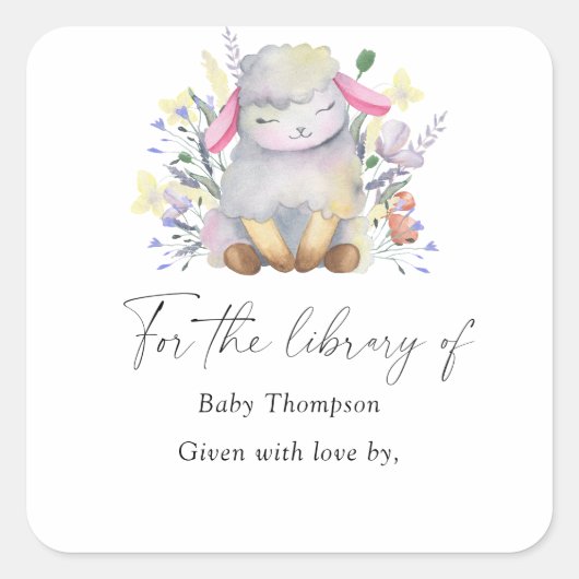 子羊 – ベビーシャワー蔵書票、ベビー用の本 スクエアシール (正面)