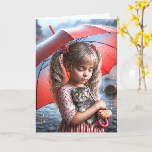 子考え猫の女の子 カード (黄色い花)