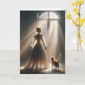 子考え猫の女の子 カード (黄色い花)