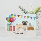子豚カラーパグかわいい漫画の犬のカラフル誕生日 招待状 (スタンド正面)