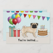 子豚カラーパグかわいい漫画の犬のカラフル誕生日 招待状 (正面/裏面)