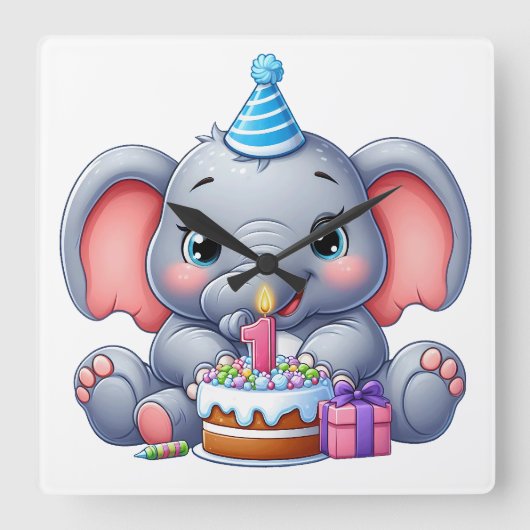 子象の1歳の誕生日 スクエア壁時計 (正面)