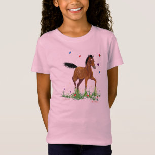 子馬および蝶女の子のベビードールによって合われるティー Tシャツ