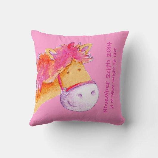子馬の名前及び誕生の生まれたばかりのなギフトのオレンジピンクの枕 クッション (裏面)