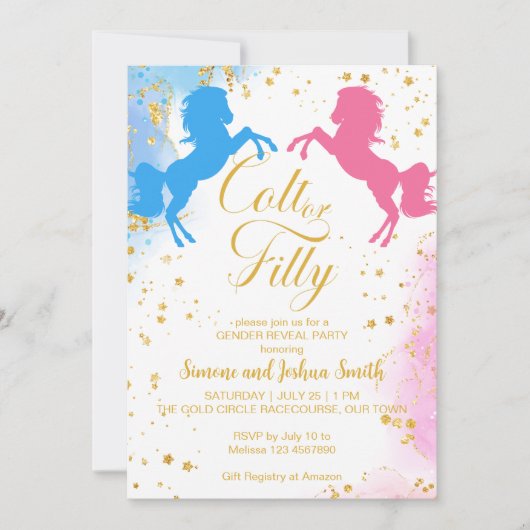 子馬または不潔な少年または女の子のピンクの青のジェンダーの明かす 招待状 (正面)