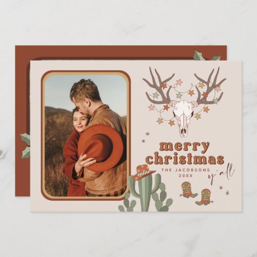 子馬レトロサボカウボーイ写真クリスマスカード 招待状 (正面/裏面)