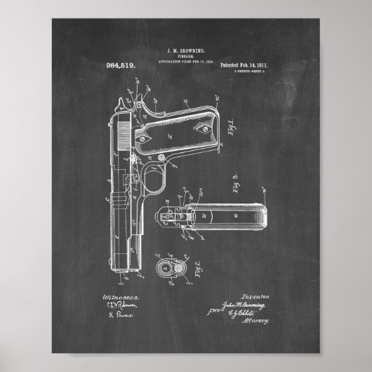 子馬1911 Gun Patent - Chalkboard ポスター (正面)