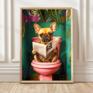 子鹿のようなフレンチブルドッグがトイレに座っているプリント、バスルーム ポスター