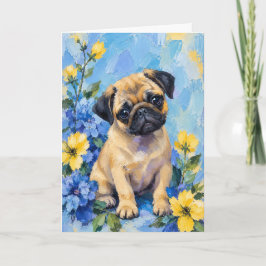 子鹿パグ青黄色の花の犬カード カード
