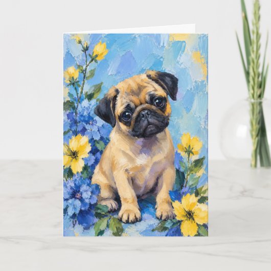 子鹿パグ青黄色の花の犬カード カード (正面)