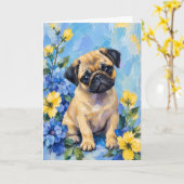子鹿パグ青黄色の花の犬カード カード (黄色い花)