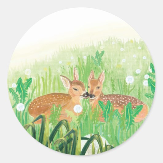 子鹿 - 背の高い草の中の子鹿のイラスト ラウンドシール (正面)
