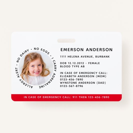 子IDアレルギー警告の緊急ID バッジ (正面)