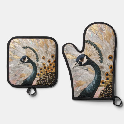 孔雀かわいらし金ゴールドクリスマス 鍋つかみ&鍋敷きセット (正面)