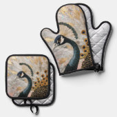 孔雀かわいらし金ゴールドクリスマス 鍋つかみ&鍋敷きセット (正面/裏面)