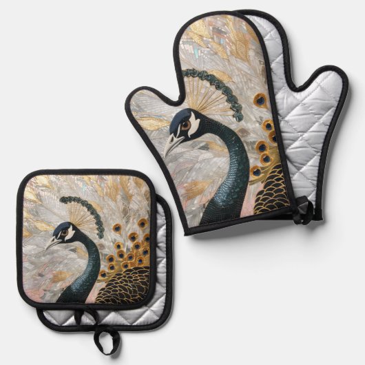 孔雀かわいらし金ゴールドクリスマス 鍋つかみ&鍋敷きセット (正面/裏面)