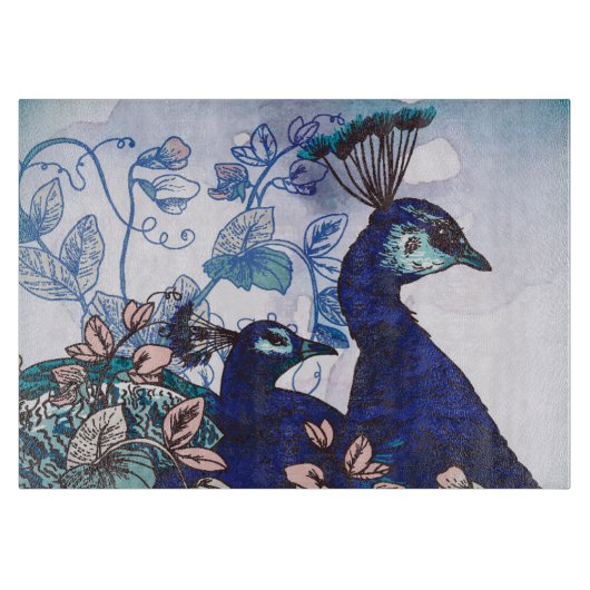 孔雀が付いている花の背景 カッティングボード (正面)