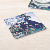 孔雀が付いている花の背景 スクエアペーパーコースター (アングル)