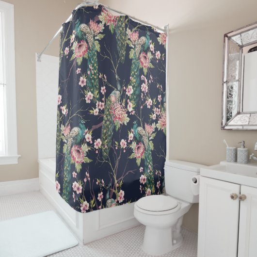 孔雀さくらんぼツリー、水の色パターン。 シャワーカーテン (インサイチュ)