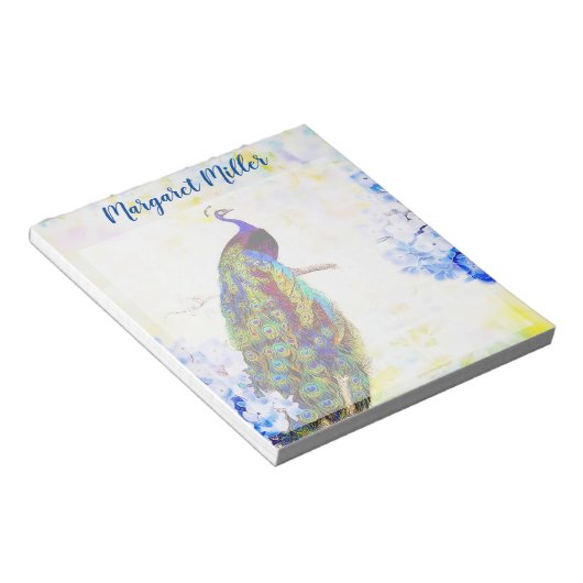 孔雀とアジサイパーソナライズされた ノートパッド (アングル)