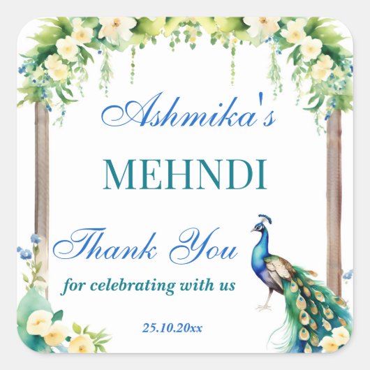 孔雀とジャスミンの花のアーチがインドの結婚式のヘンナを飾る スクエアシール (正面)