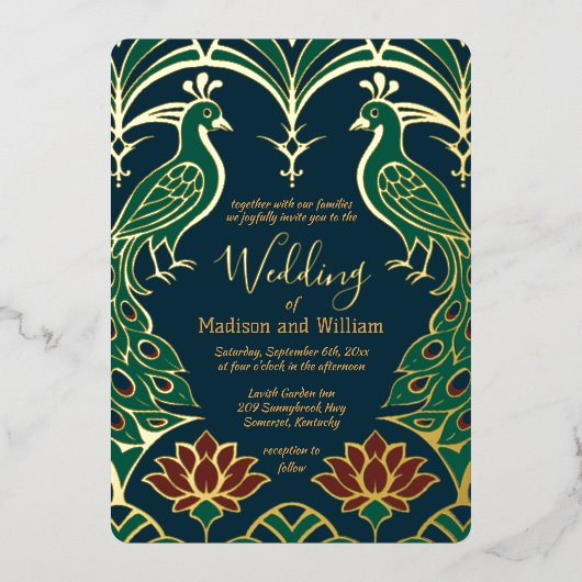孔雀とロータス結婚のデコエレガントレガルブルー 箔招待状 (正面)