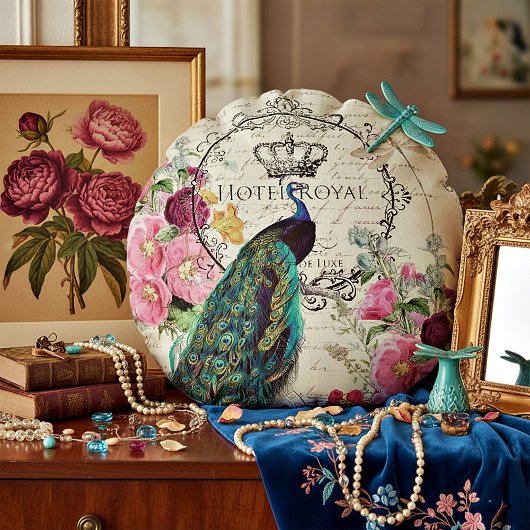 孔雀と春の花 ラウンドクッション