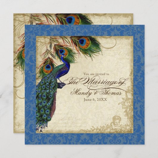 孔雀と羽のウェディングフォーマルがブルーを王室の招待 招待状 (正面/裏面)