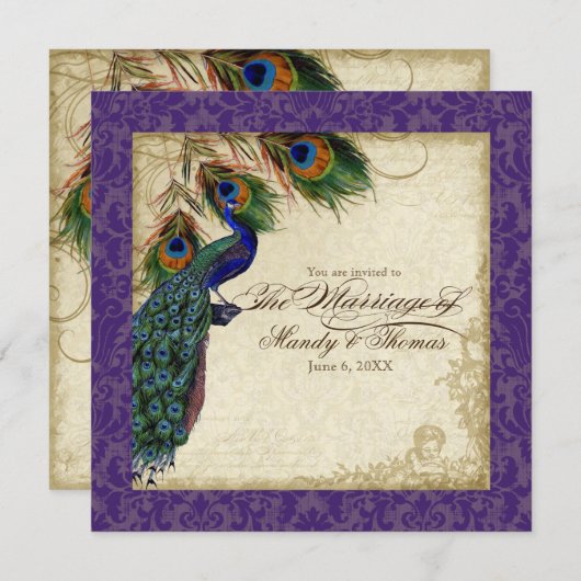 孔雀と羽のウェディングフォーマルは紫を招待 招待状 (正面/裏面)