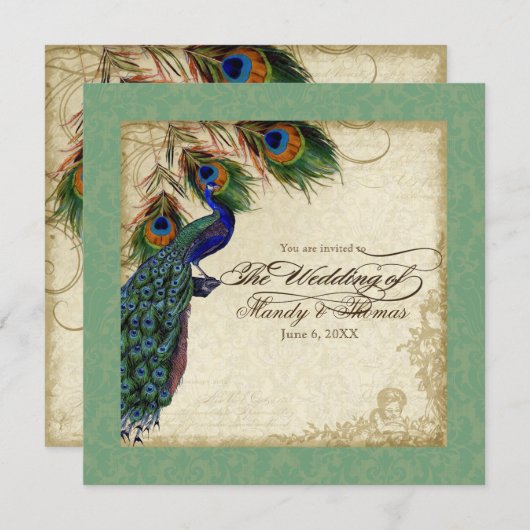 孔雀と羽のウェディングフォーマル招待緑 招待状 (正面/裏面)