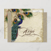 孔雀と羽のウェディングフォーマルRSVP応答 インビテーションポストカード (正面/裏面)