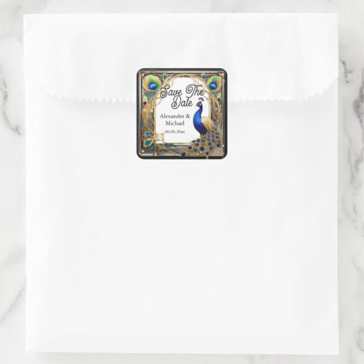 孔雀と羽アールヌーボーは日付を保存 スクエアシール (バッグ)