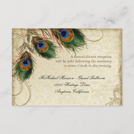 孔雀と羽ヴィンテージ金ゴールドルックダマススワール エンクロージャーカード (裏面)