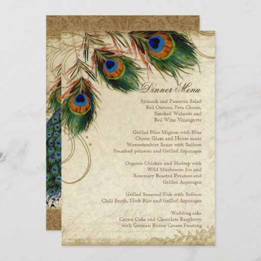 孔雀と羽ヴィンテージ金ゴールドルックダマススワール メニュー (正面/裏面)