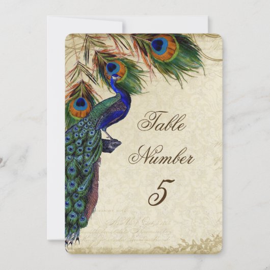孔雀と羽根のフォーマルな結婚式 テーブルナンバー５ 招待状 (正面)