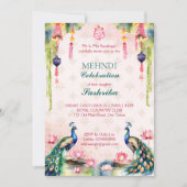 孔雀と蓮の水の色のインディアン結婚の手綱 招待状 (正面)