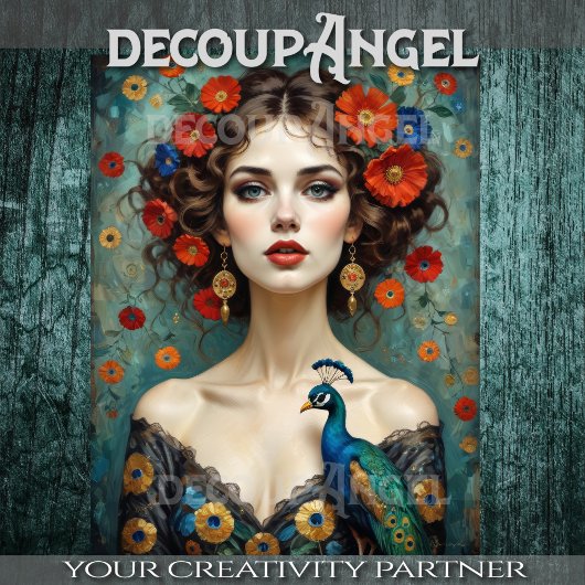 孔雀と赤い花を持つアールヌーボーの人 薄葉紙