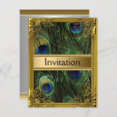 孔雀と金ゴールド招待状任意のパーティー 招待状 (正面/裏面)