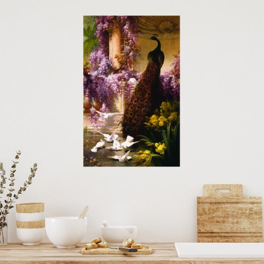 孔雀と鳩が庭に ポスター (キッチン)