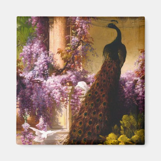 孔雀と鳩が庭に マグネット (正面)