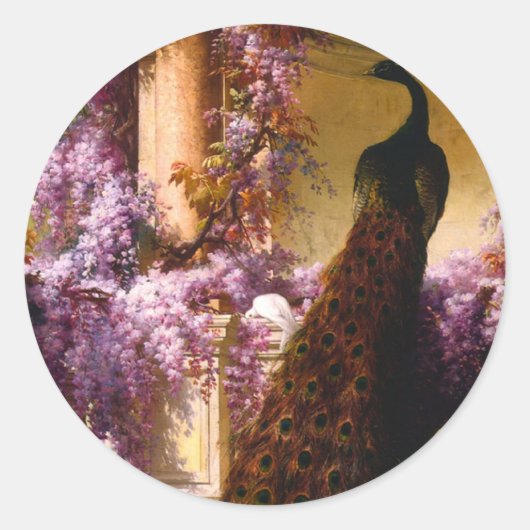 孔雀と鳩が庭に ラウンドシール (正面)