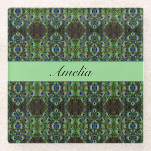 孔雀のカスタマイズサイケデリック可能 ガラスコースター (正面)