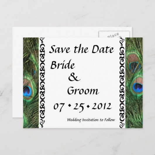 孔雀のカラフル目の結婚式の日付を保存 案内ポストカード (正面/裏面)