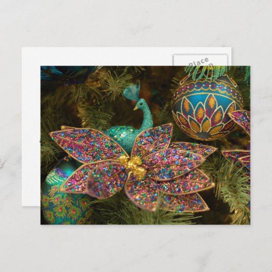 孔雀のクリスマスのオーナメントの休日の木 シーズンポストカード (正面/裏面)