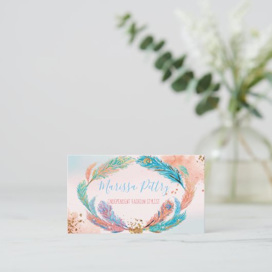 孔雀のグリッターの羽ビジネステレホンカード、 名刺 (スタンド正面)