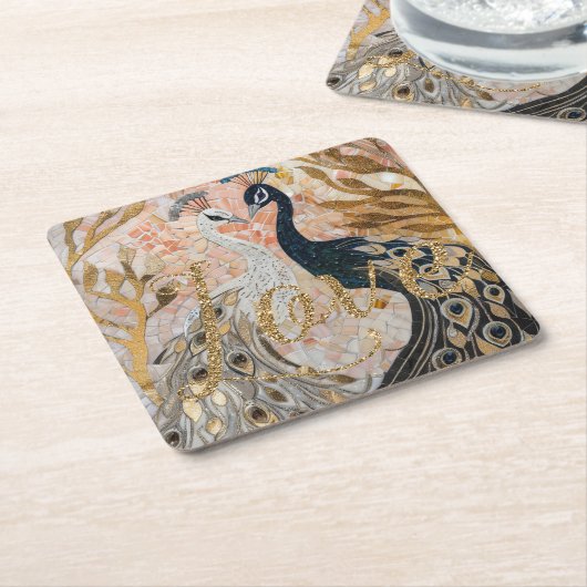 孔雀のゴールドグリッター ラブ ブラッシュ ローズ スクエアペーパーコースター (アングル)