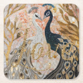 孔雀のゴールドグリッター ラブ ブラッシュ ローズ スクエアペーパーコースター (正面)
